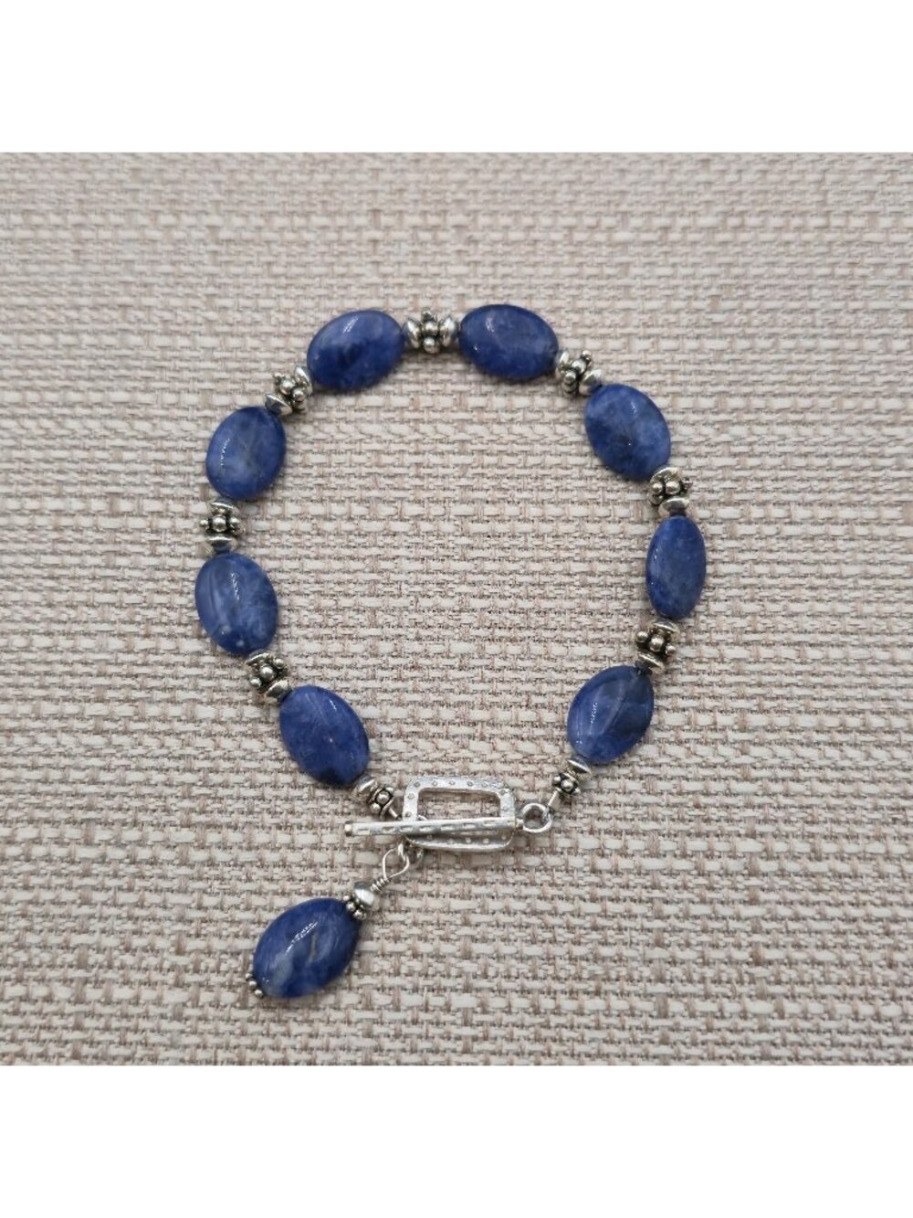 8 Inch Sterling Silver Blue Sodalite Oval Bead Stone Toggle Bracelet B1591